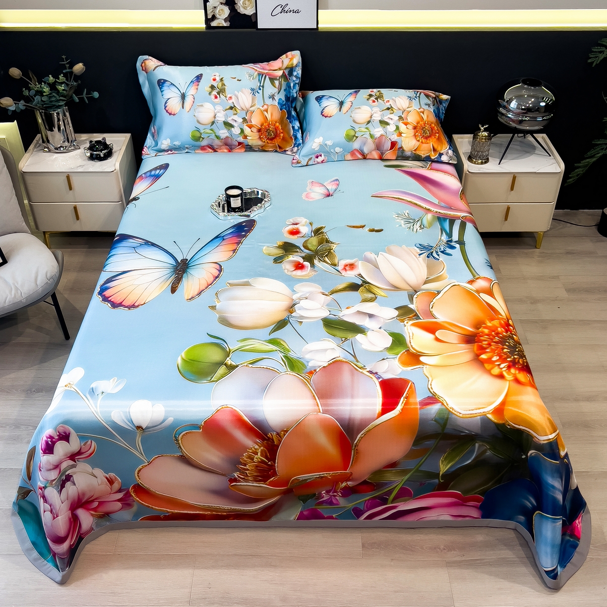 91家纺网 家纺一手货源 找家纺 许林家纺 2026爆款数码印花大版高克重冰丝凉席 绿野晴风