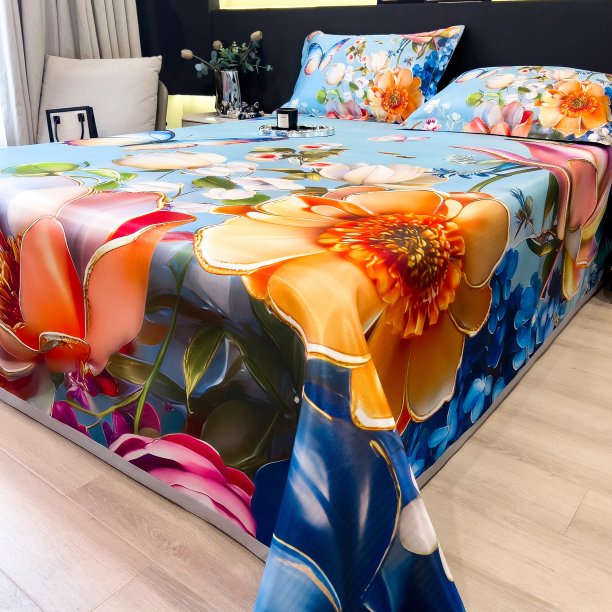 91家纺网 家纺一手货源 找家纺 许林家纺 2026爆款数码印花大版高克重冰丝凉席 绿野晴风