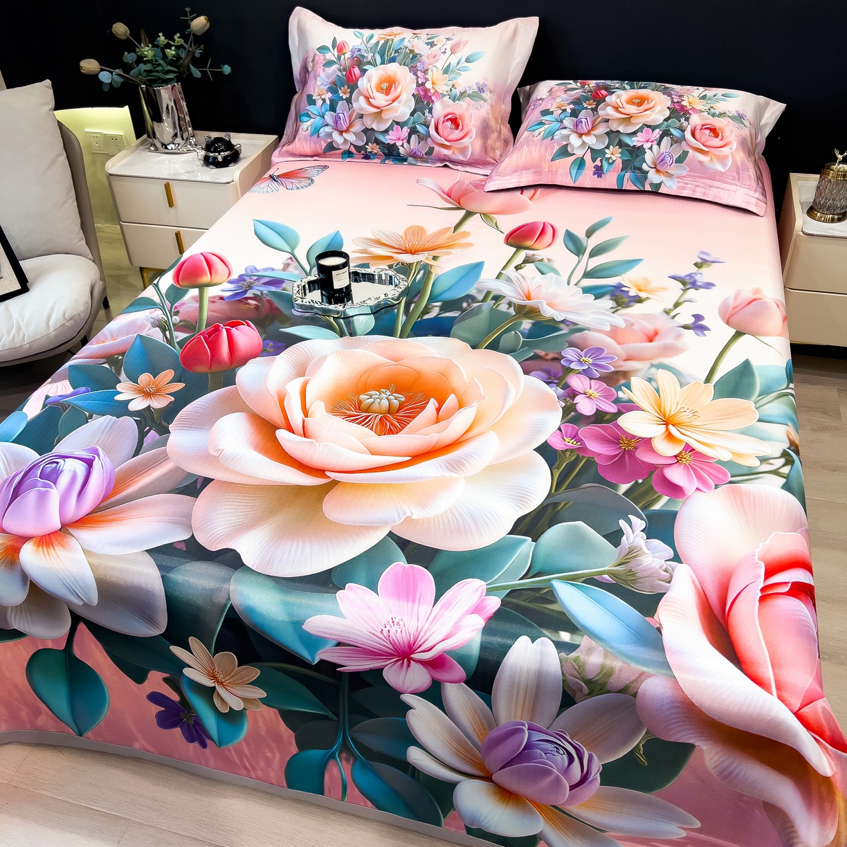 91家纺网 家纺一手货源 找家纺 许林家纺 2026爆款数码印花大版高克重冰丝凉席 曼陀罗