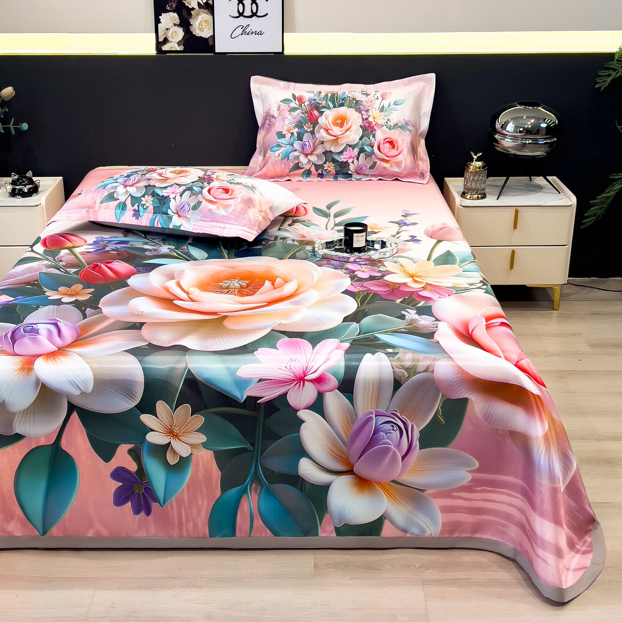 91家纺网 家纺一手货源 找家纺 许林家纺 2026爆款数码印花大版高克重冰丝凉席 曼陀罗