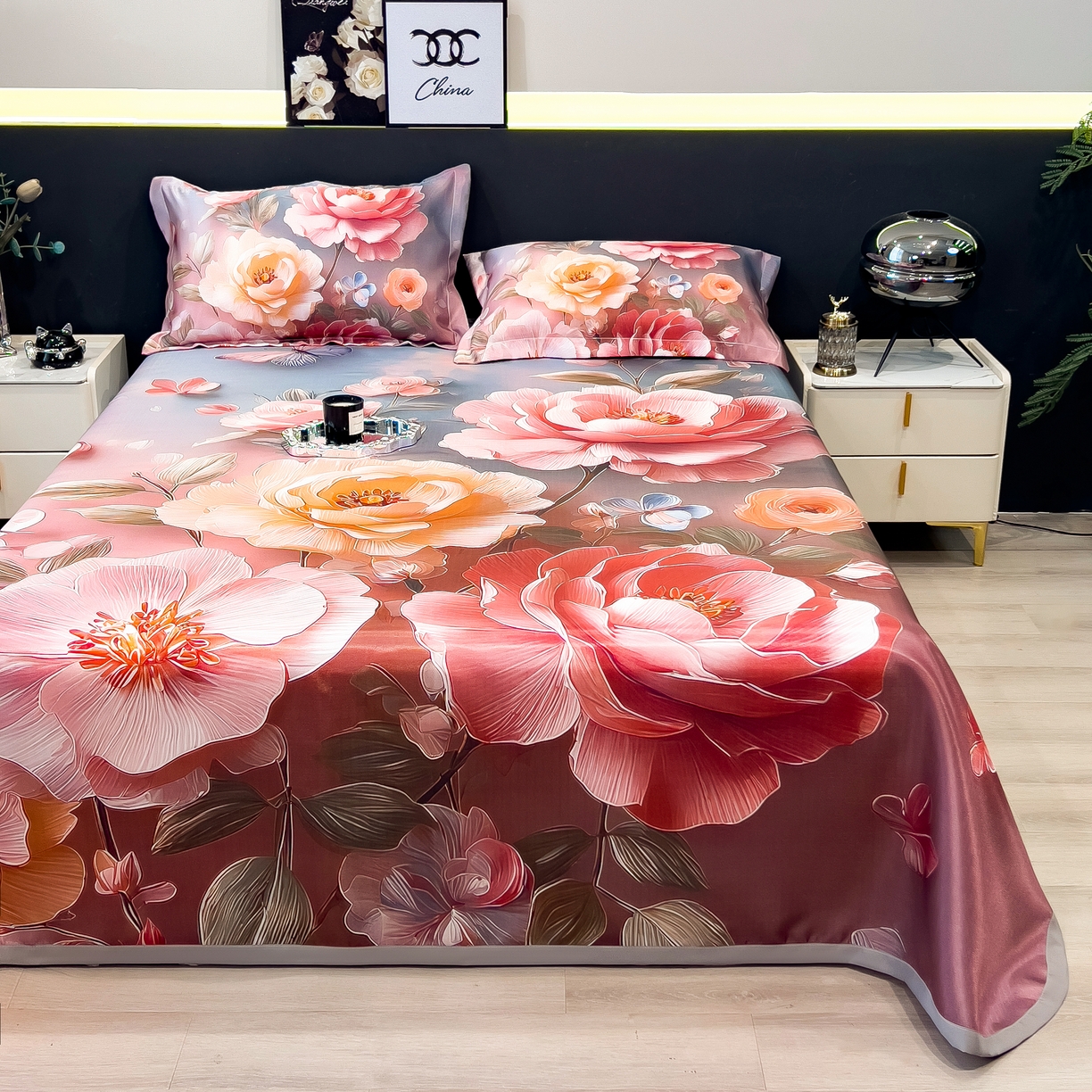 91家纺网 家纺一手货源 找家纺 许林家纺 2026爆款数码印花大版高克重冰丝凉席 牡丹