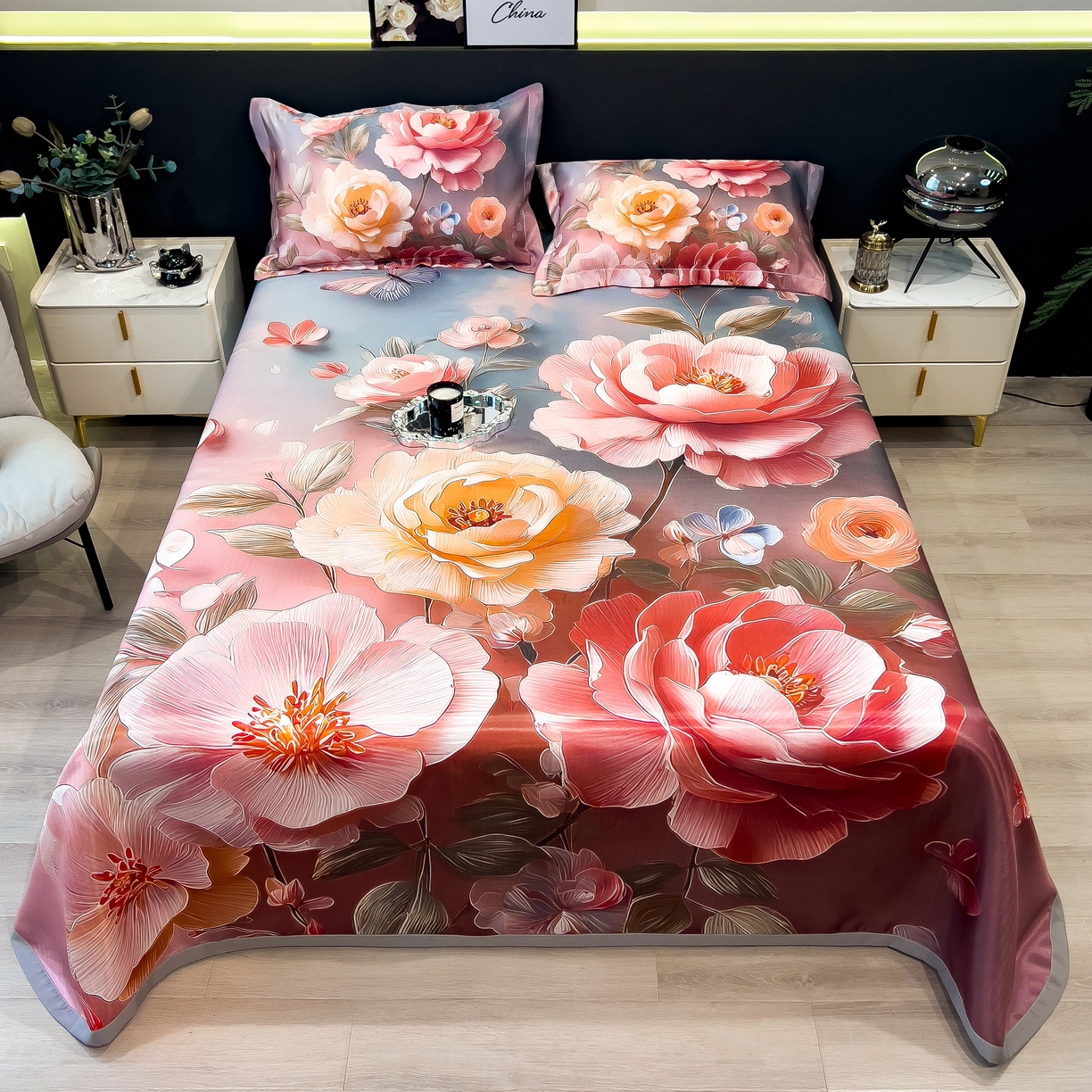 91家纺网 家纺一手货源 找家纺 许林家纺 2026爆款数码印花大版高克重冰丝凉席 牡丹