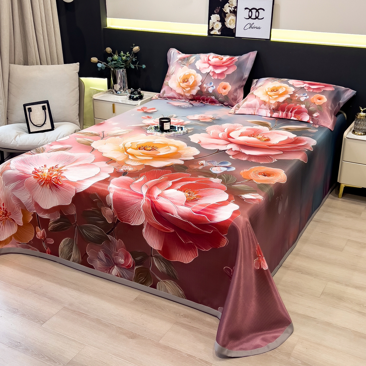 91家纺网 家纺一手货源 找家纺 许林家纺 2026爆款数码印花大版高克重冰丝凉席 牡丹