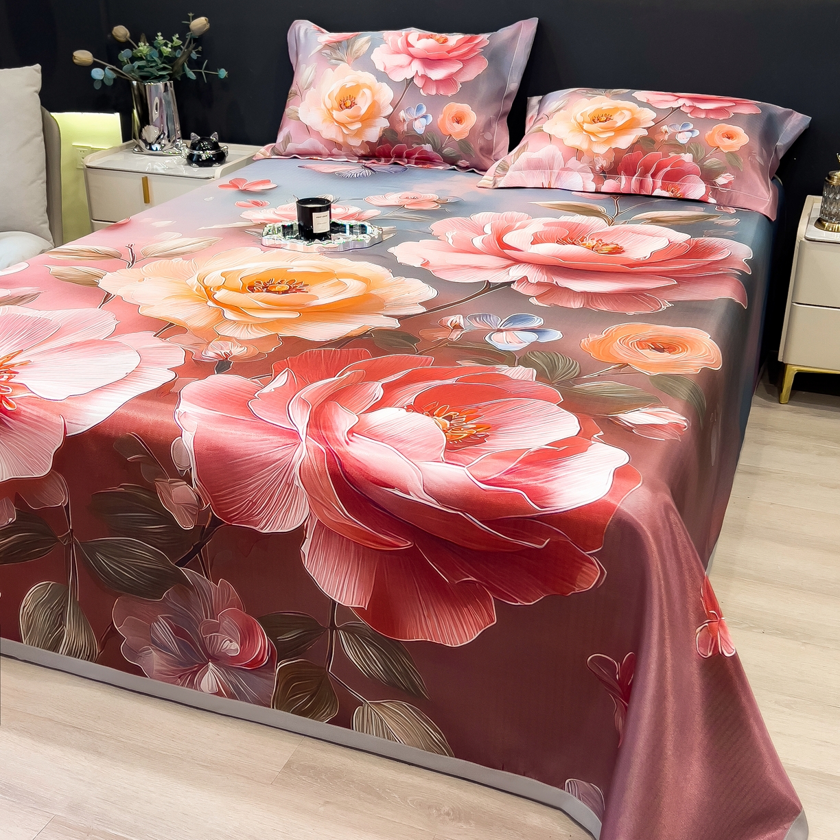 91家纺网 家纺一手货源 找家纺 许林家纺 2026爆款数码印花大版高克重冰丝凉席 牡丹