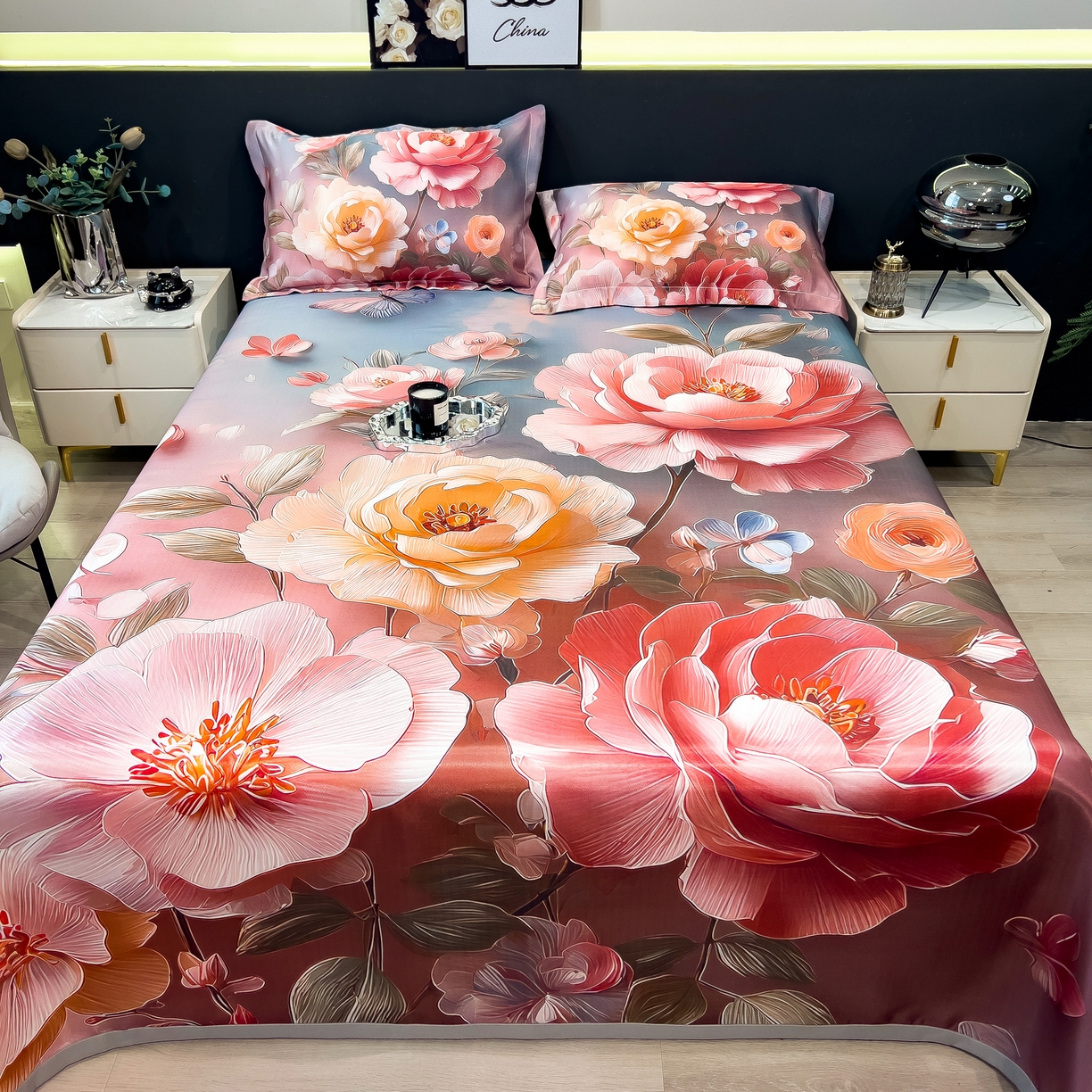 91家纺网 家纺一手货源 找家纺 许林家纺 2026爆款数码印花大版高克重冰丝凉席 牡丹