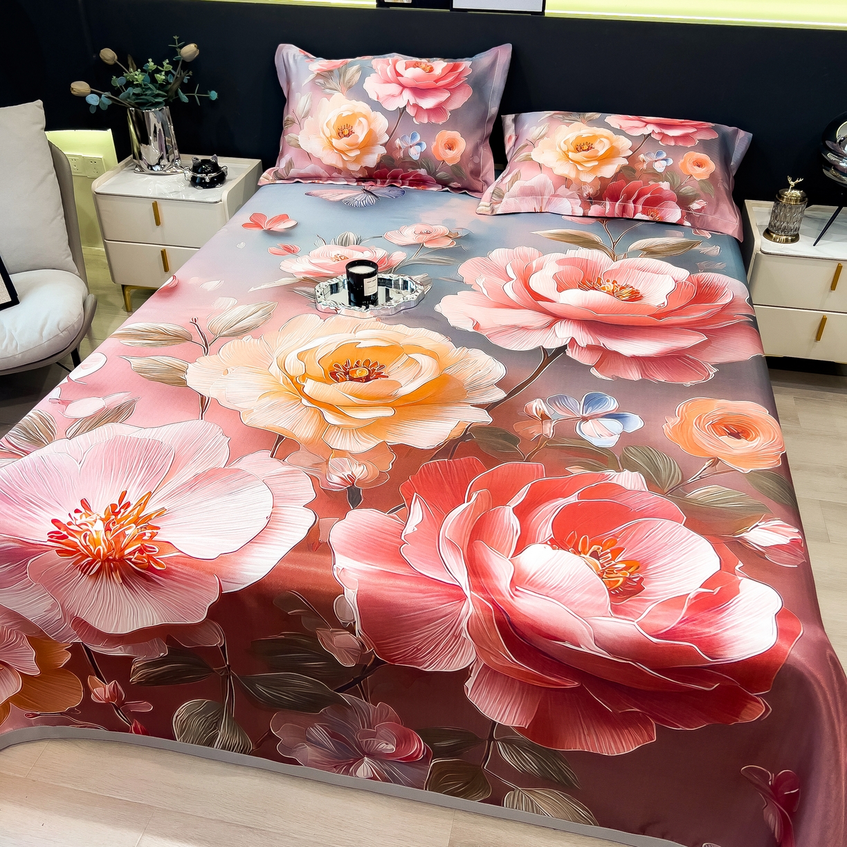 91家纺网 家纺一手货源 找家纺 许林家纺 2026爆款数码印花大版高克重冰丝凉席 牡丹