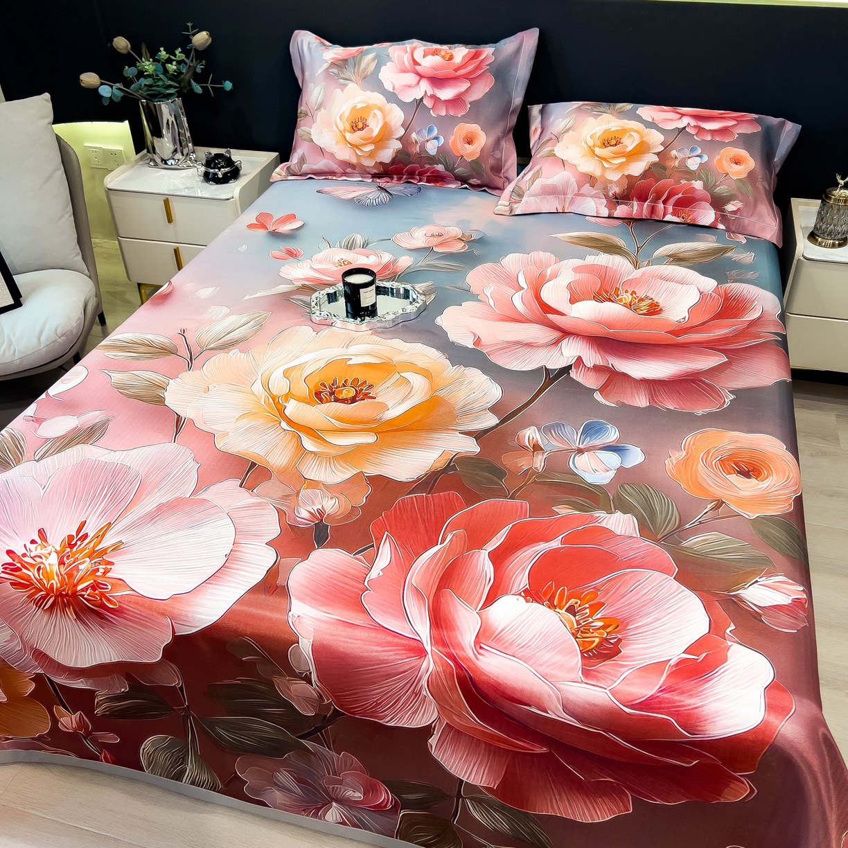 91家纺网 家纺一手货源 找家纺 许林家纺 2026爆款数码印花大版高克重冰丝凉席 牡丹