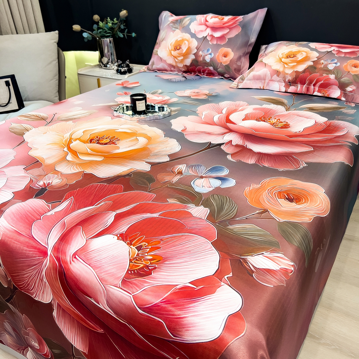 91家纺网 家纺一手货源 找家纺 许林家纺 2026爆款数码印花大版高克重冰丝凉席 牡丹