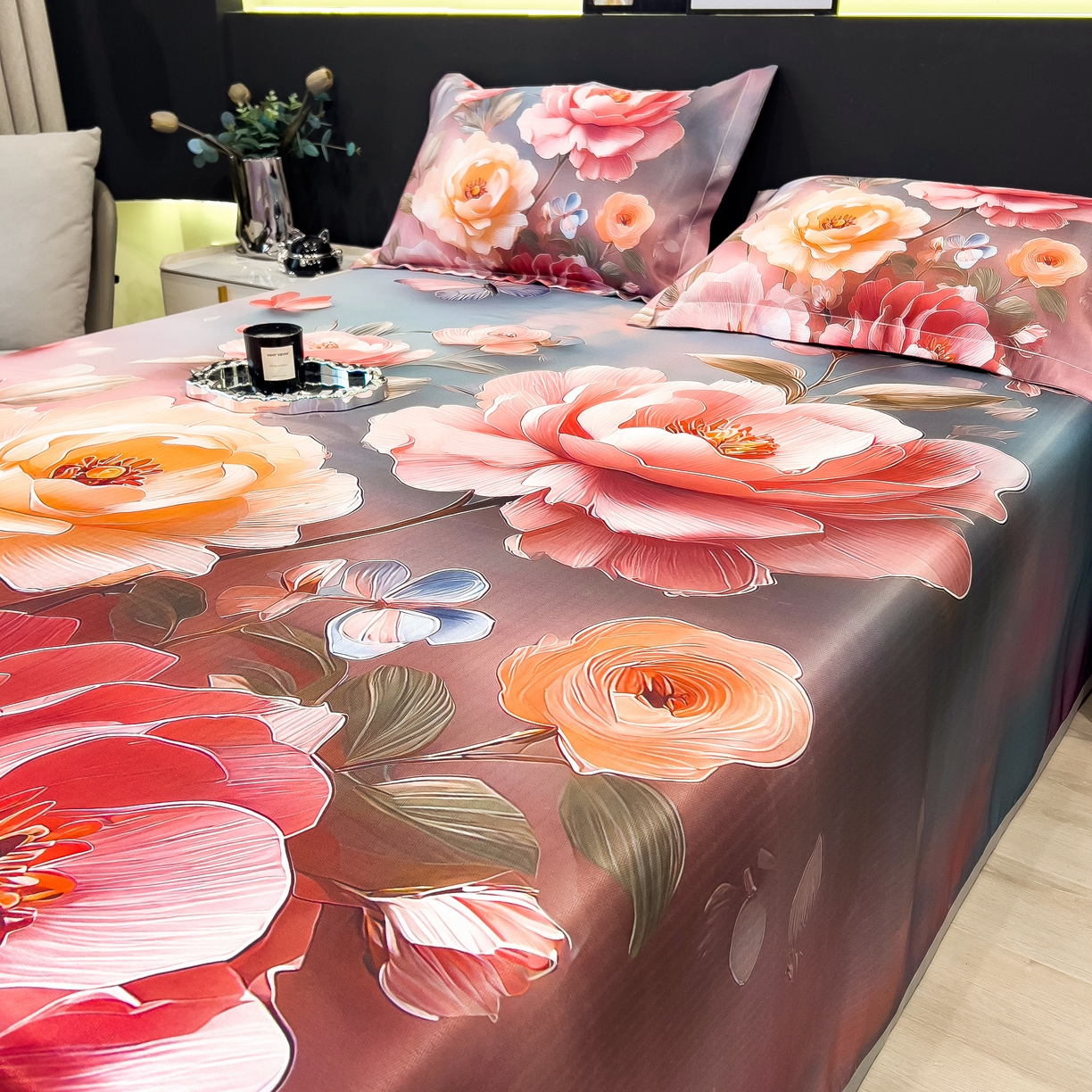 91家纺网 家纺一手货源 找家纺 许林家纺 2026爆款数码印花大版高克重冰丝凉席 牡丹