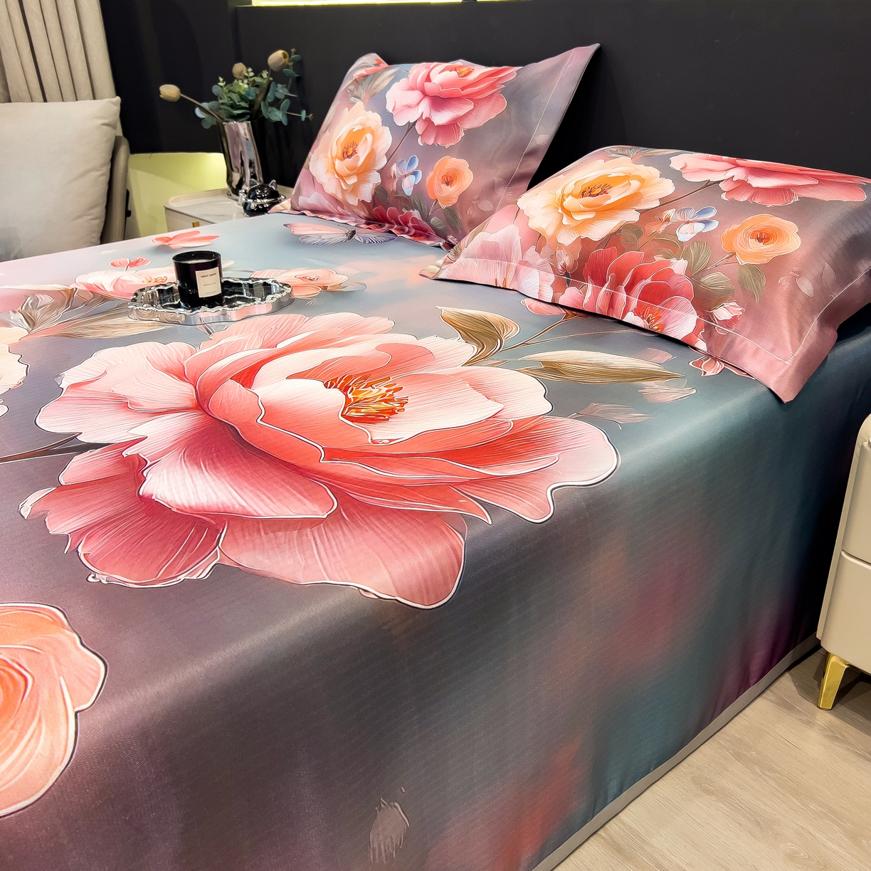 91家纺网 家纺一手货源 找家纺 许林家纺 2026爆款数码印花大版高克重冰丝凉席 牡丹