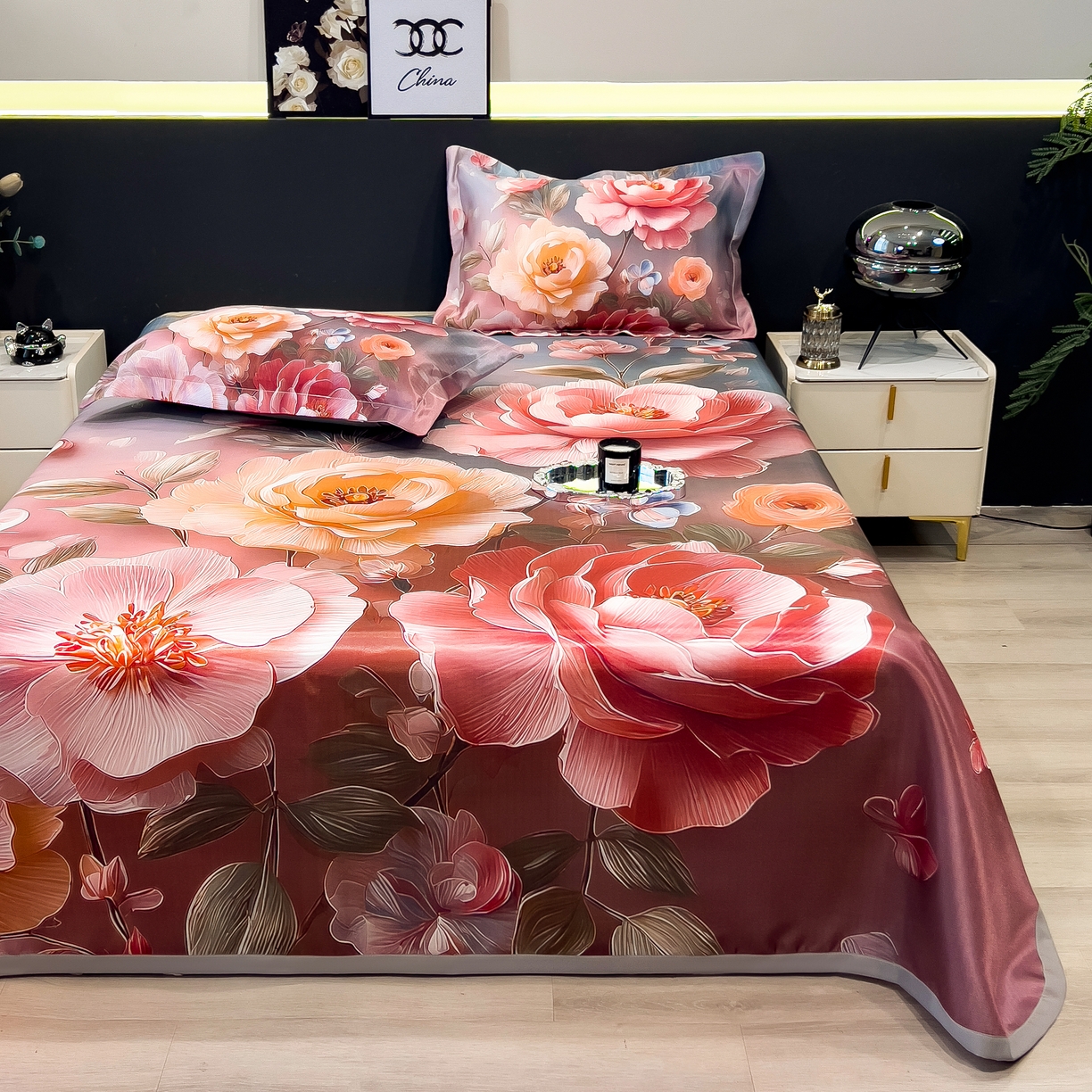 91家纺网 家纺一手货源 找家纺 许林家纺 2026爆款数码印花大版高克重冰丝凉席 牡丹