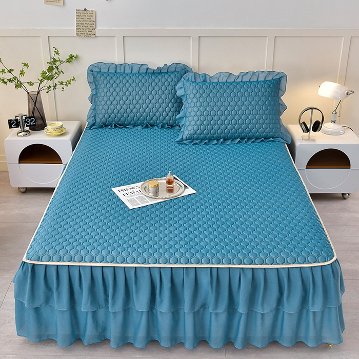 （总）畅畅家纺 2026新款凉感丝纯色双层边乳胶床裙凉席两件套三件套足球花系列