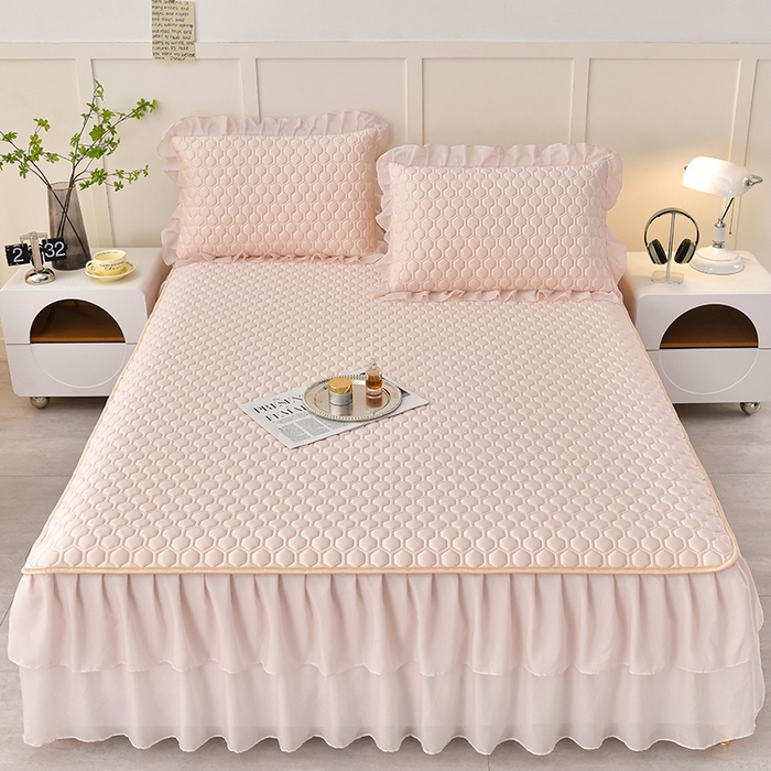 畅畅家纺 2026新款凉感丝纯色双层边乳胶床裙凉席两件套三件套足球花系列 足球花-香妃粉