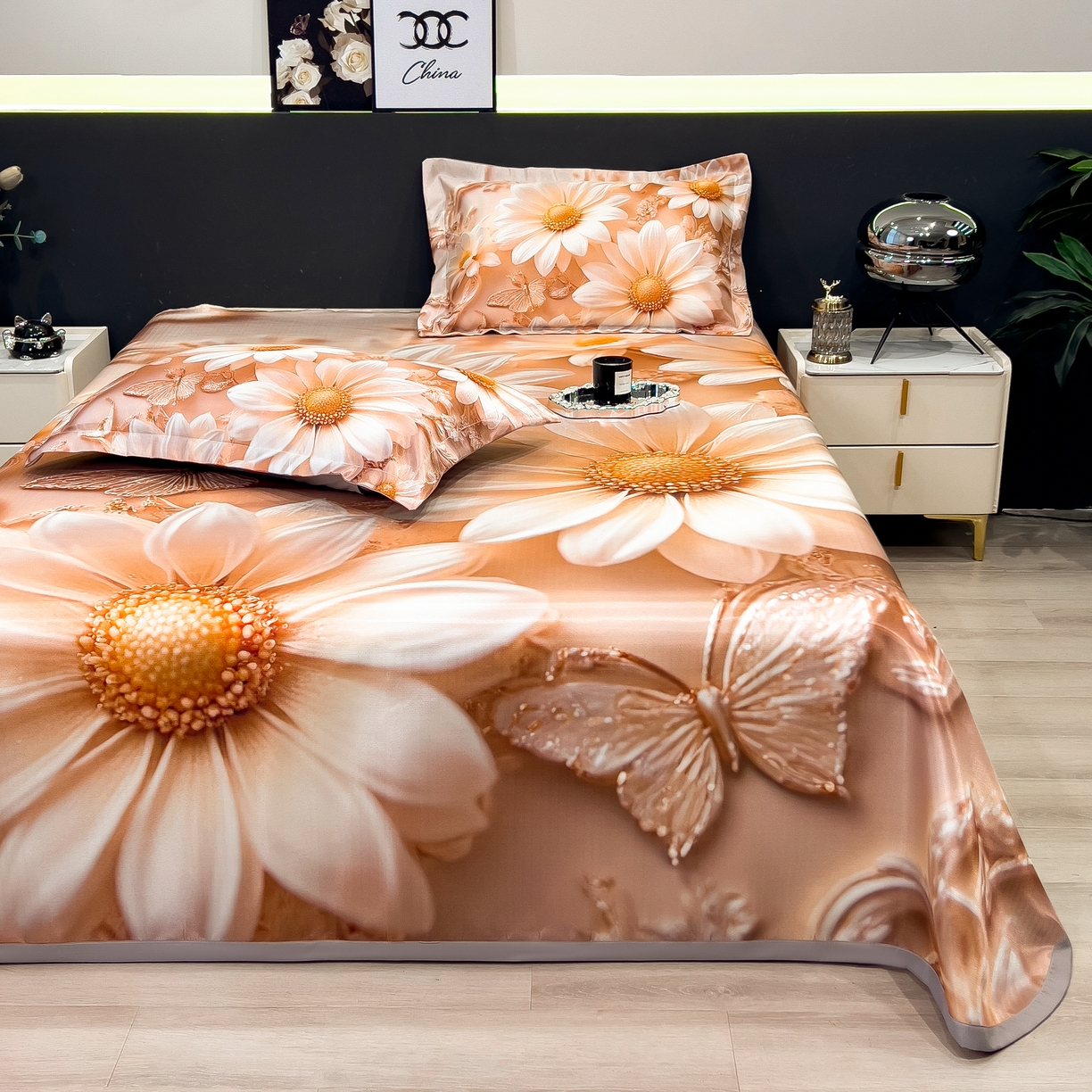 91家纺网 家纺一手货源 找家纺 许林家纺 2026爆款数码印花大版高克重冰丝凉席 浅朵