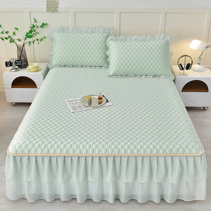 畅畅家纺 2026新款凉感丝纯色双层边乳胶床裙凉席两件套三件套足球花系列 足球花-清新绿