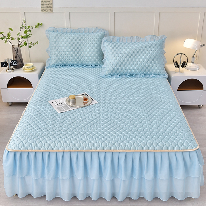 畅畅家纺 2026新款凉感丝纯色双层边乳胶床裙凉席两件套三件套足球花系列 足球花-天蓝