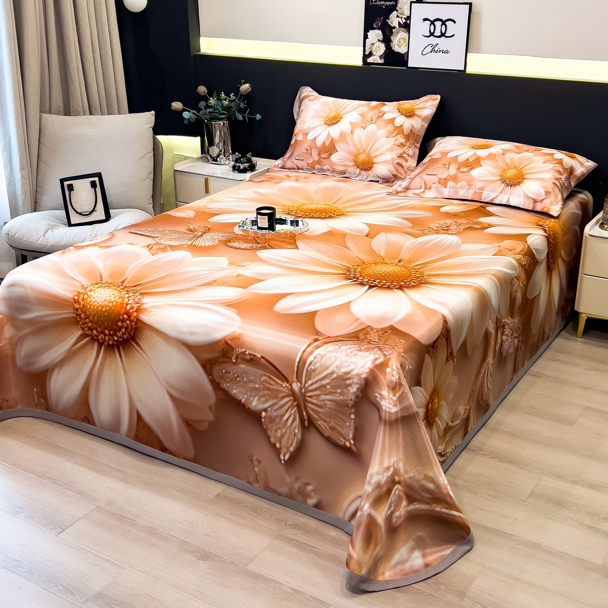 91家纺网 家纺一手货源 找家纺 许林家纺 2026爆款数码印花大版高克重冰丝凉席 浅朵