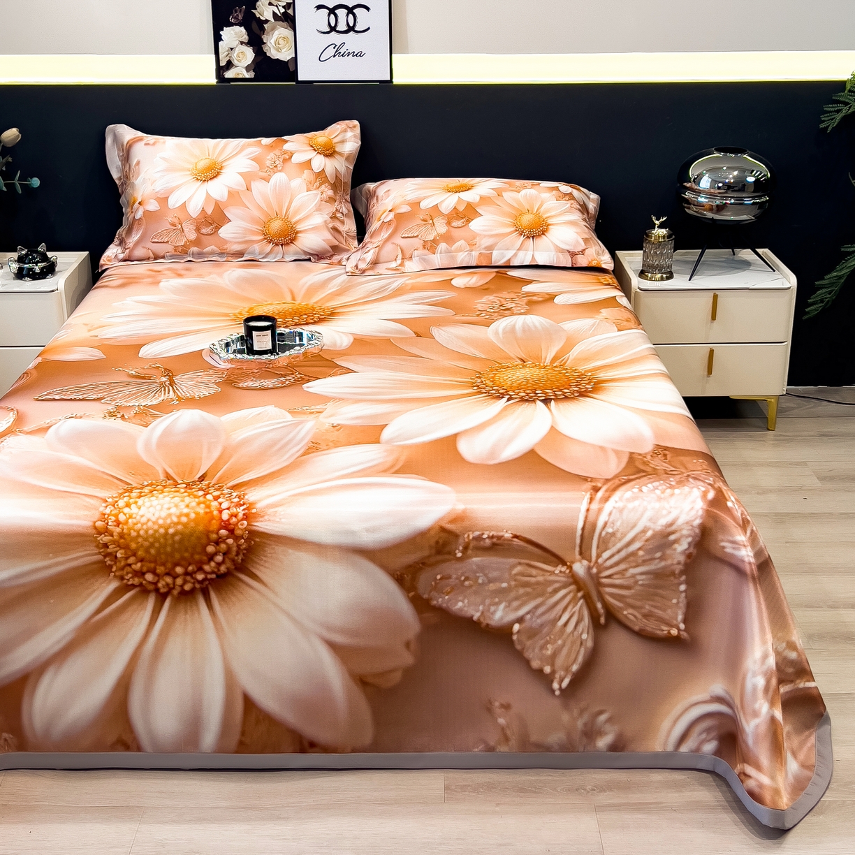 91家纺网 家纺一手货源 找家纺 许林家纺 2026爆款数码印花大版高克重冰丝凉席 浅朵