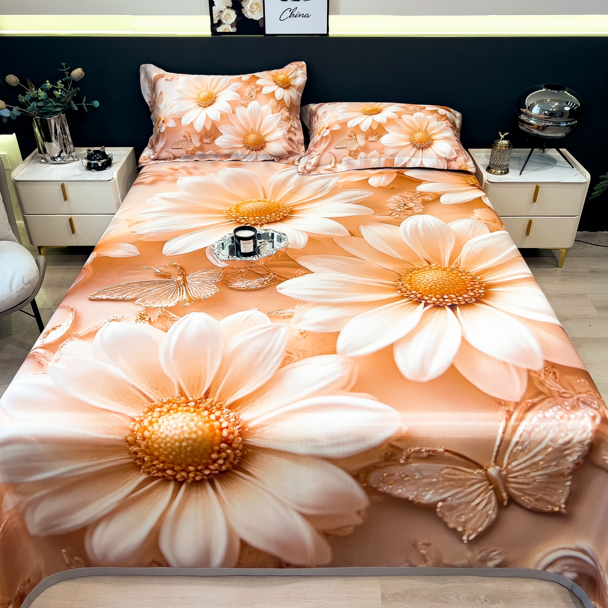 91家纺网 家纺一手货源 找家纺 许林家纺 2026爆款数码印花大版高克重冰丝凉席 浅朵