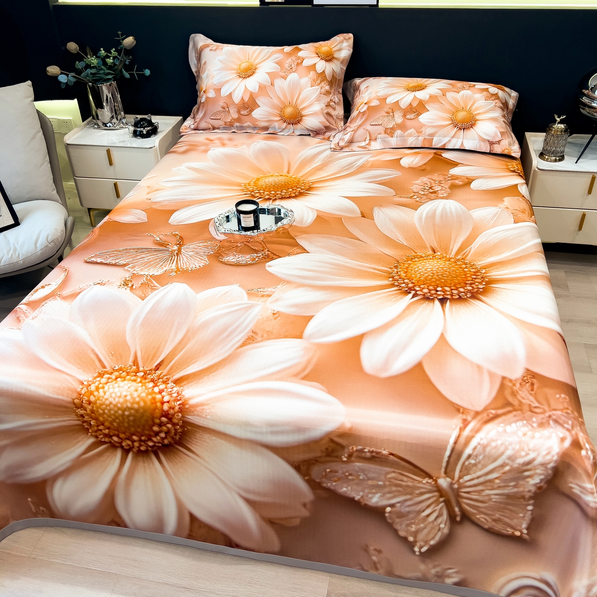 91家纺网 家纺一手货源 找家纺 许林家纺 2026爆款数码印花大版高克重冰丝凉席 浅朵