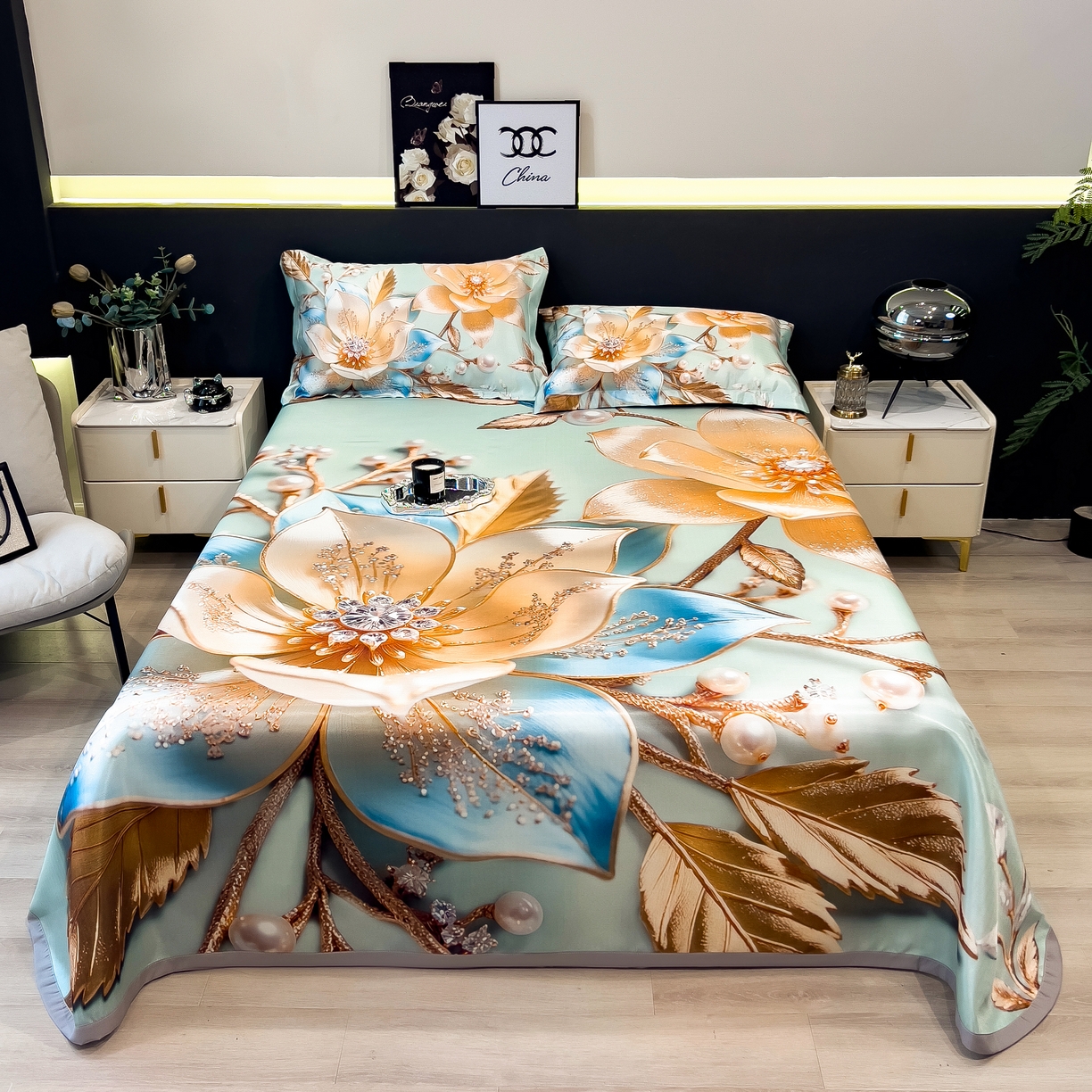 许林家纺 2026爆款数码印花大版高克重冰丝凉席 四季花