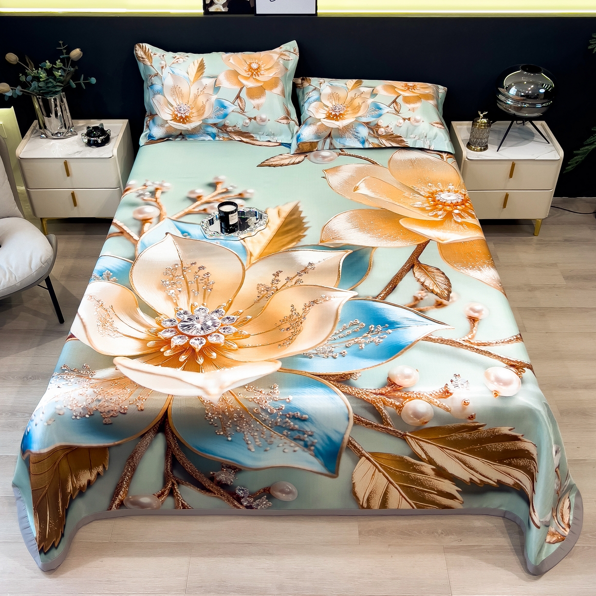 91家纺网 家纺一手货源 找家纺 许林家纺 2026爆款数码印花大版高克重冰丝凉席 四季花