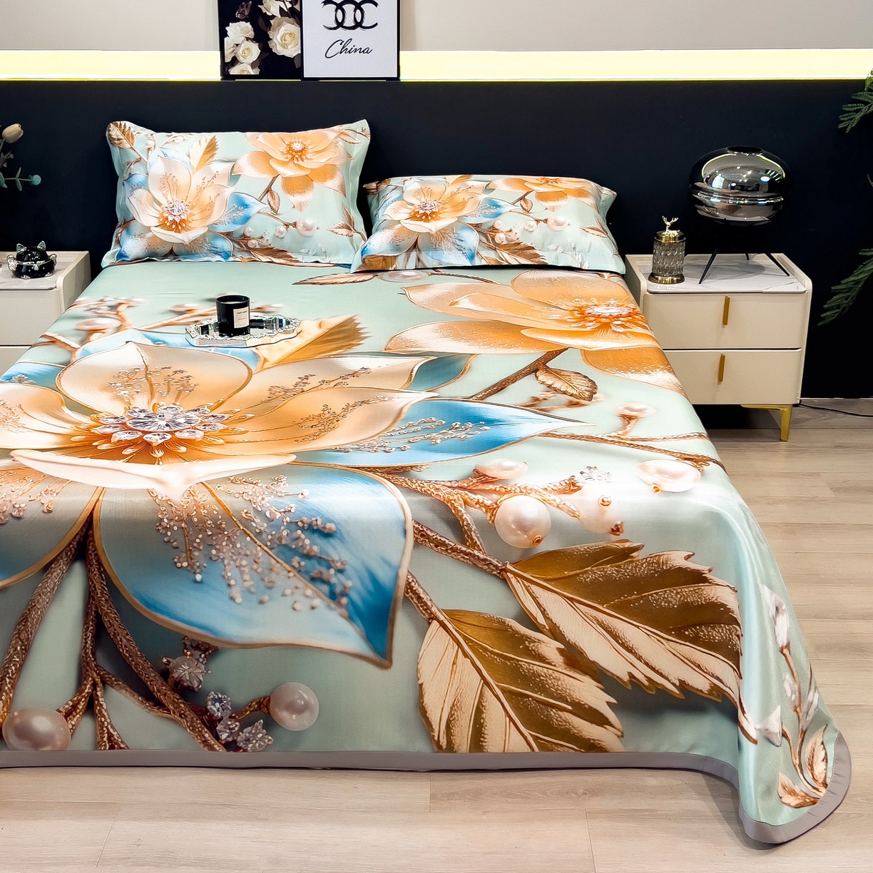 91家纺网 家纺一手货源 找家纺 许林家纺 2026爆款数码印花大版高克重冰丝凉席 四季花