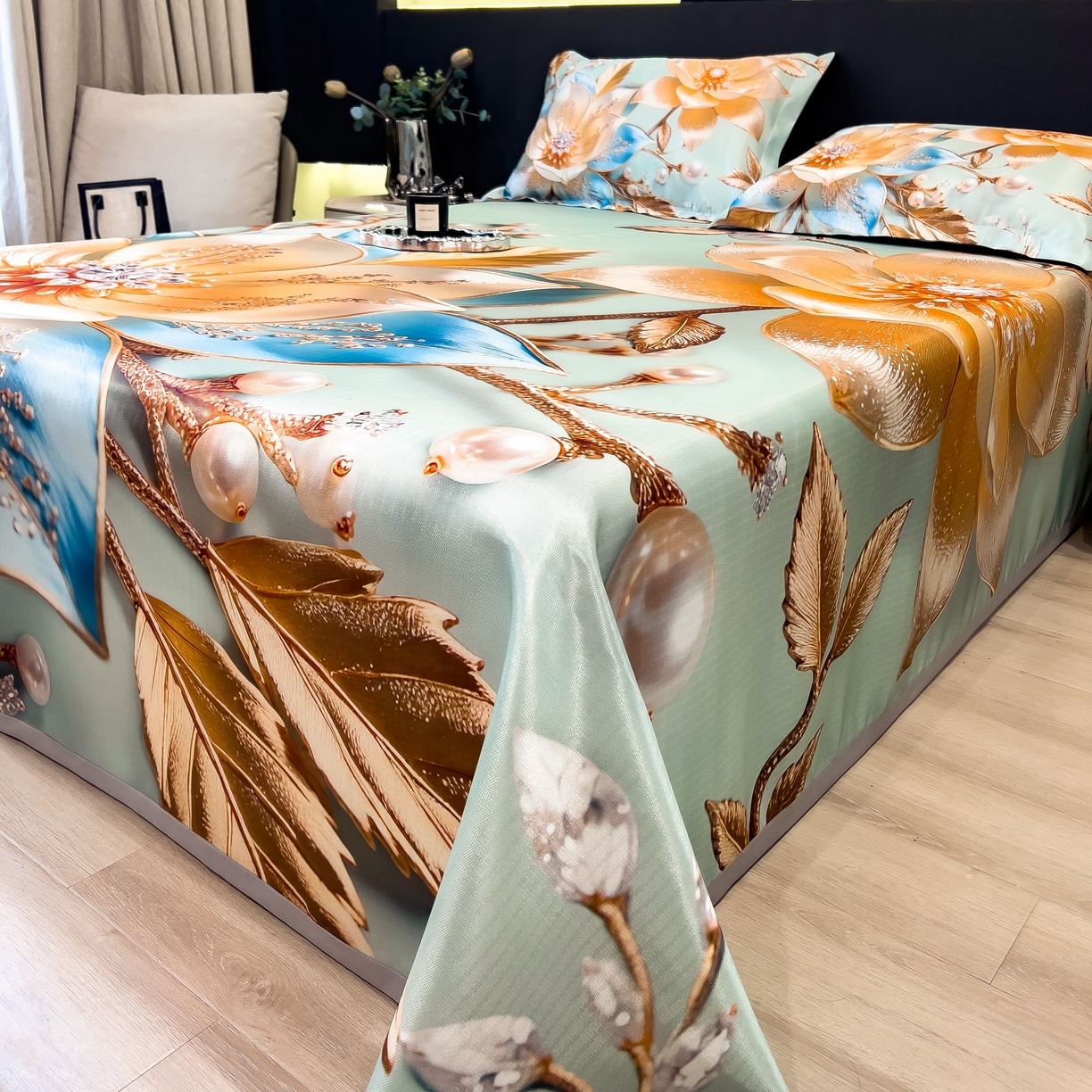 91家纺网 家纺一手货源 找家纺 许林家纺 2026爆款数码印花大版高克重冰丝凉席 四季花