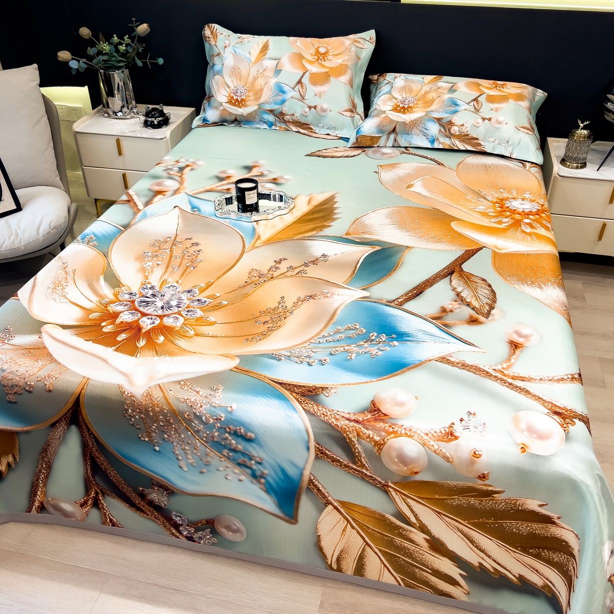 91家纺网 家纺一手货源 找家纺 许林家纺 2026爆款数码印花大版高克重冰丝凉席 四季花