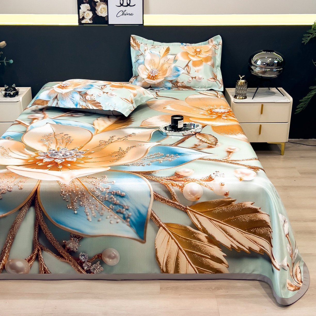 91家纺网 家纺一手货源 找家纺 许林家纺 2026爆款数码印花大版高克重冰丝凉席 四季花