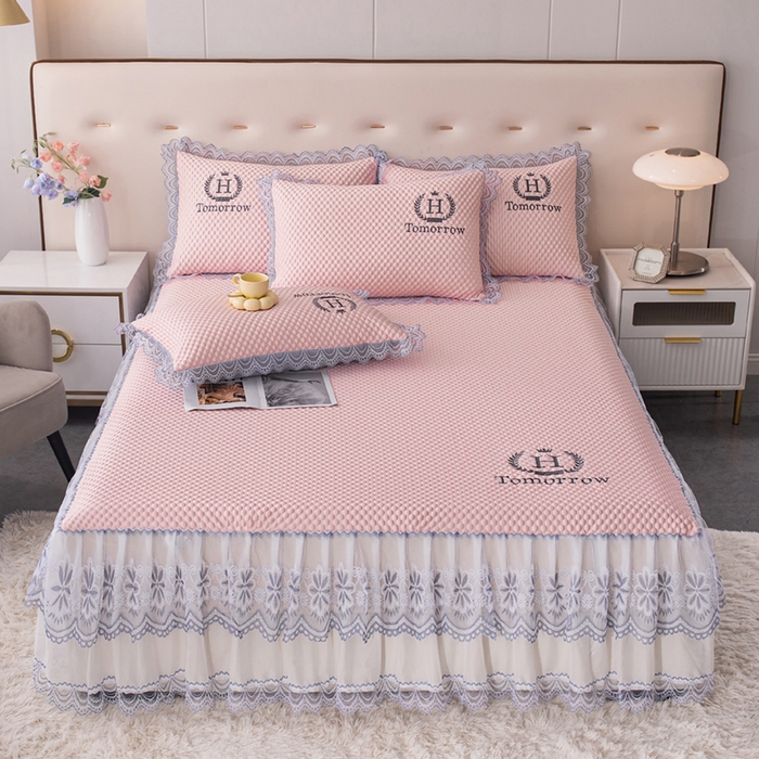 优姿家纺 2025新款500克冰豆豆床裙凉席三件套 公主粉