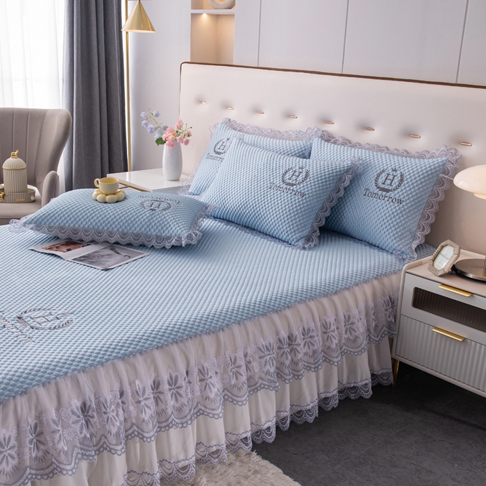 91家纺网 家纺一手货源 找家纺 优姿家纺 2025新款500克冰豆豆床裙凉席三件套 天空蓝