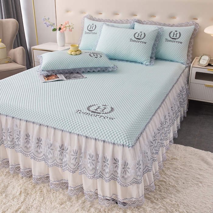 91家纺网 家纺一手货源 找家纺 优姿家纺 2025新款500克冰豆豆床裙凉席三件套 冰川蓝