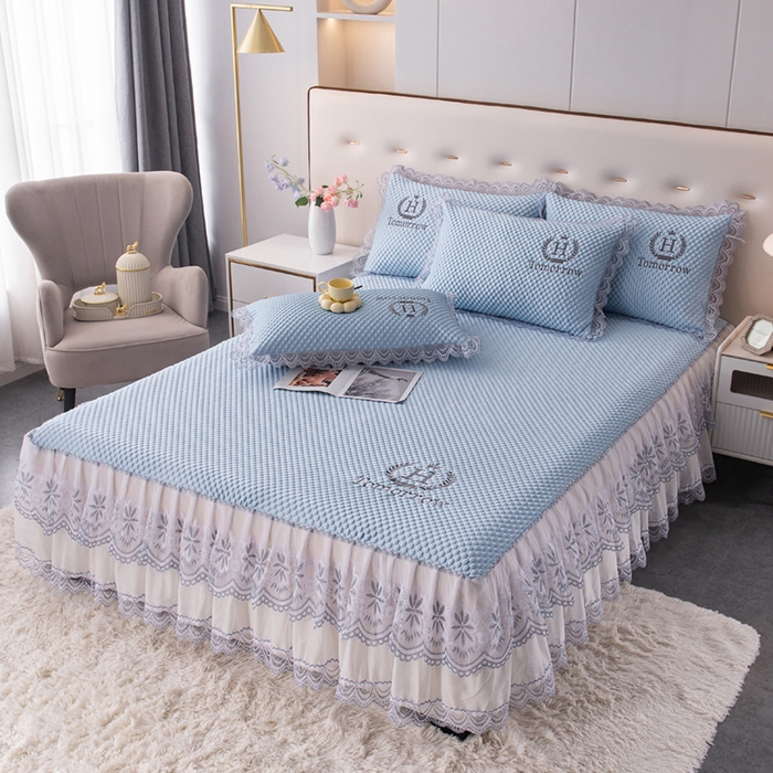 91家纺网 家纺一手货源 找家纺 优姿家纺 2025新款500克冰豆豆床裙凉席三件套 天空蓝