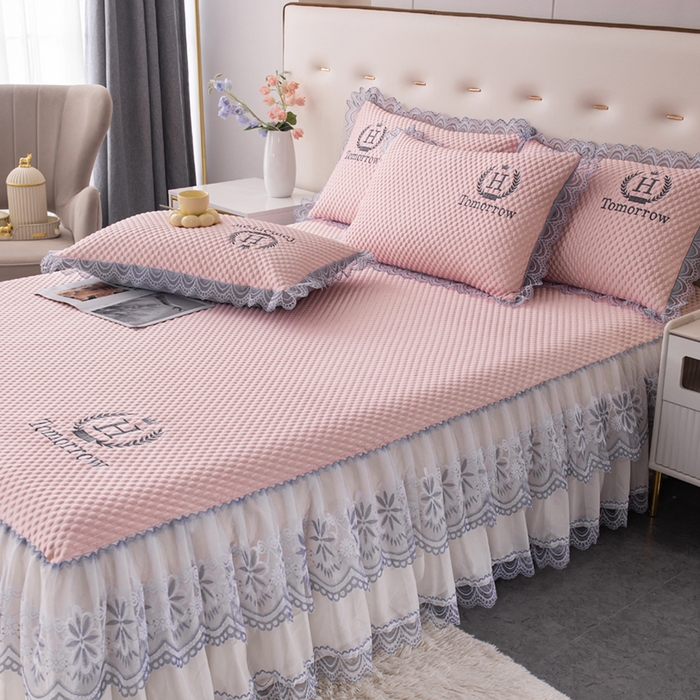 91家纺网 家纺一手货源 找家纺 优姿家纺 2025新款500克冰豆豆床裙凉席三件套 公主粉