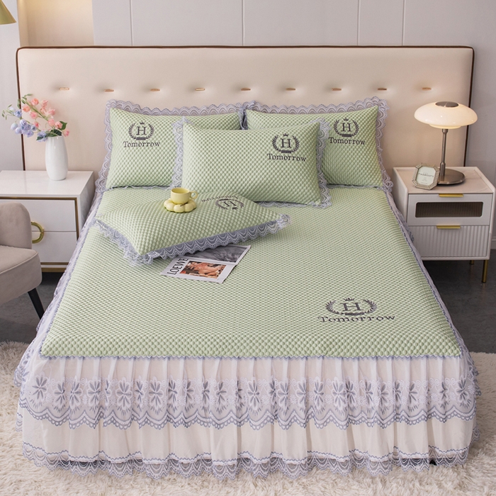 优姿家纺 2025新款500克冰豆豆床裙凉席三件套 青草绿
