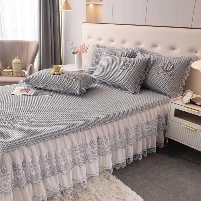 91家纺网 家纺一手货源 找家纺 优姿家纺 2025新款500克冰豆豆床裙凉席三件套 高级灰