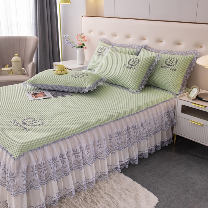 91家纺网 家纺一手货源 找家纺 优姿家纺 2025新款500克冰豆豆床裙凉席三件套 青草绿