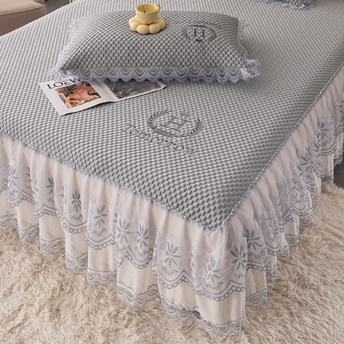 91家纺网 家纺一手货源 找家纺 优姿家纺 2025新款500克冰豆豆床裙凉席三件套 高级灰