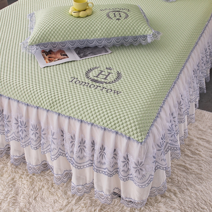 91家纺网 家纺一手货源 找家纺 优姿家纺 2025新款500克冰豆豆床裙凉席三件套 青草绿