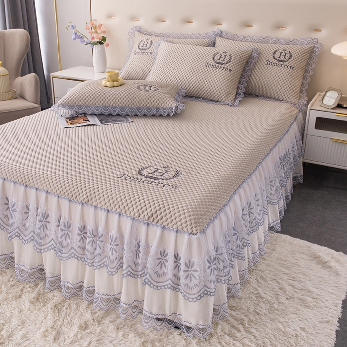 91家纺网 家纺一手货源 找家纺 优姿家纺 2025新款500克冰豆豆床裙凉席三件套 奶油咖