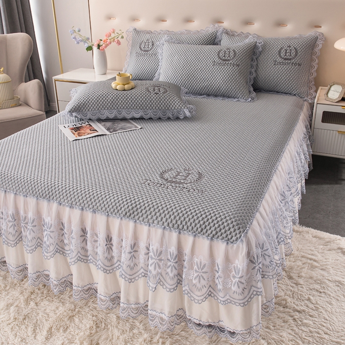 91家纺网 家纺一手货源 找家纺 优姿家纺 2025新款500克冰豆豆床裙凉席三件套 高级灰