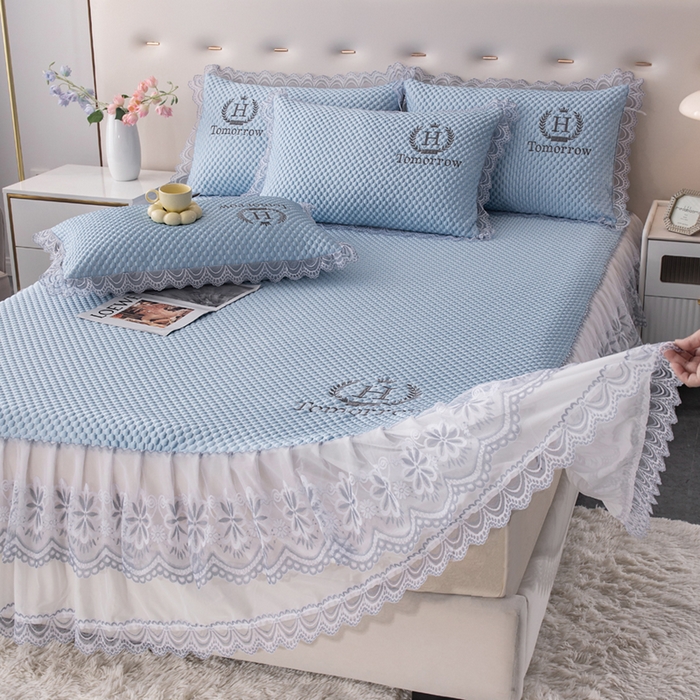 91家纺网 家纺一手货源 找家纺 优姿家纺 2025新款500克冰豆豆床裙凉席三件套 天空蓝