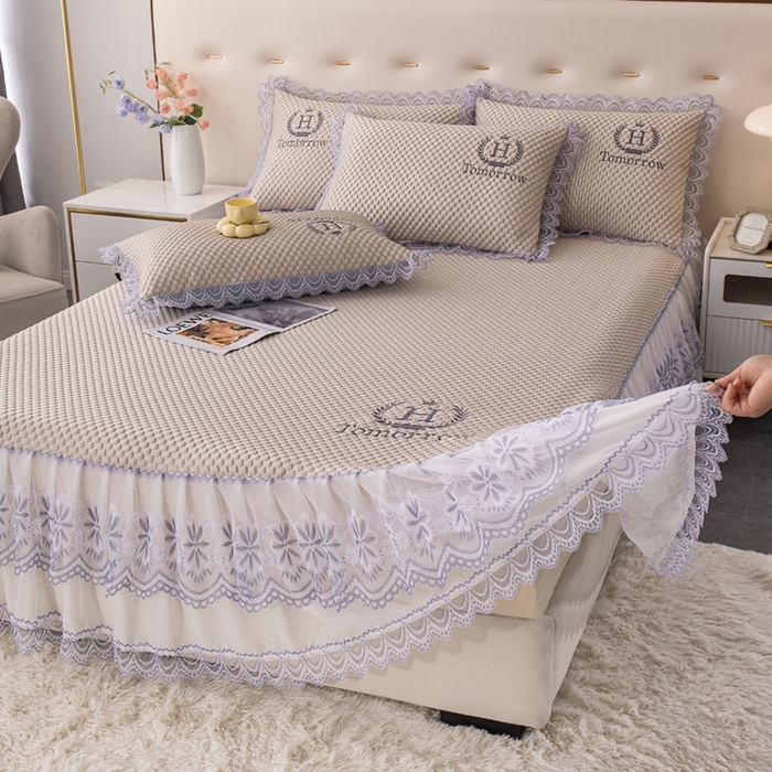 91家纺网 家纺一手货源 找家纺 优姿家纺 2025新款500克冰豆豆床裙凉席三件套 奶油咖