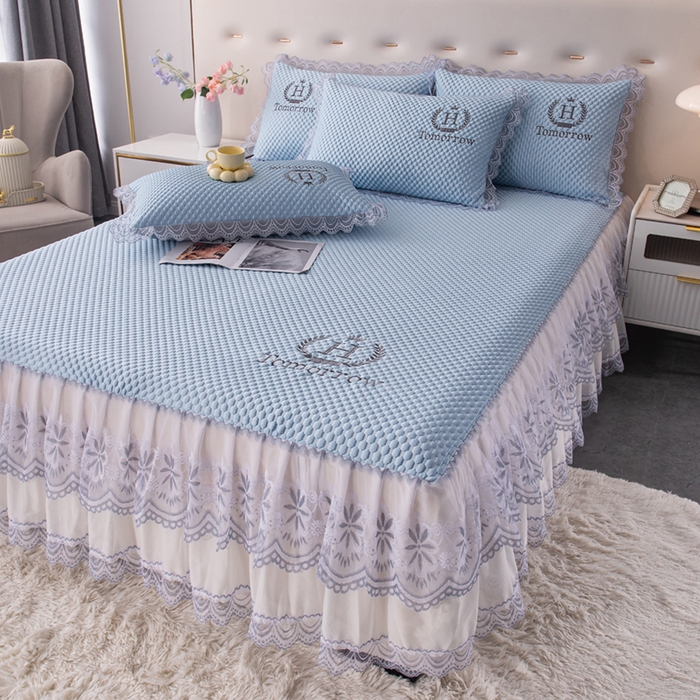 91家纺网 家纺一手货源 找家纺 优姿家纺 2025新款500克冰豆豆床裙凉席三件套 天空蓝