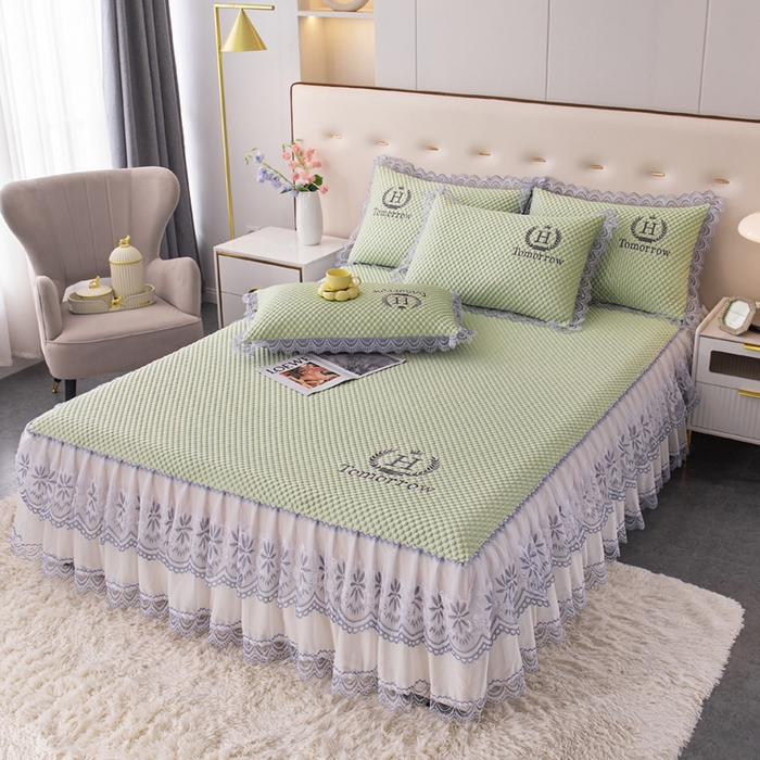 91家纺网 家纺一手货源 找家纺 优姿家纺 2025新款500克冰豆豆床裙凉席三件套 青草绿