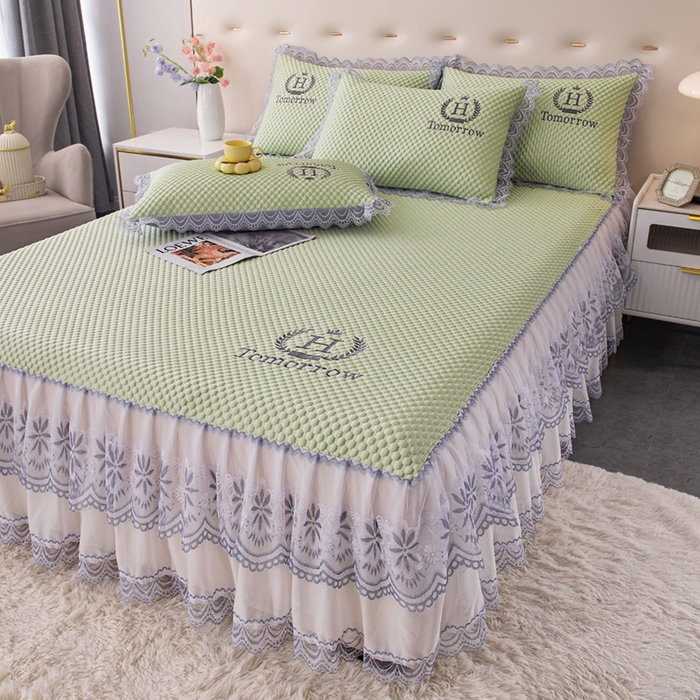 91家纺网 家纺一手货源 找家纺 优姿家纺 2025新款500克冰豆豆床裙凉席三件套 青草绿