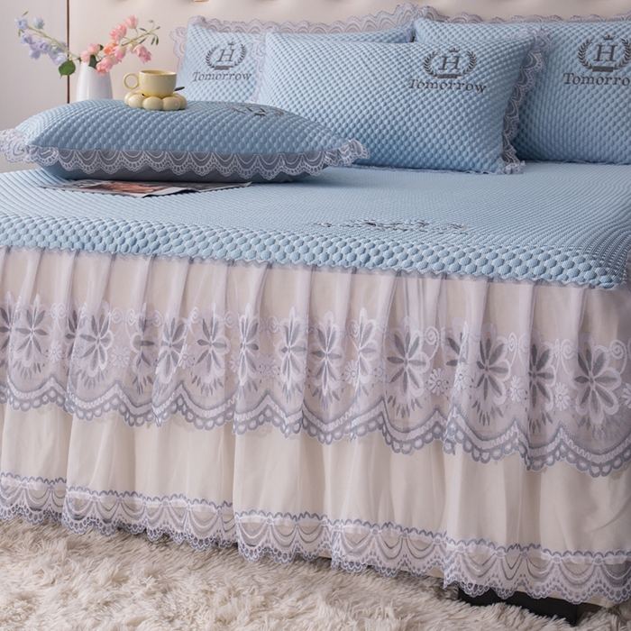 91家纺网 家纺一手货源 找家纺 优姿家纺 2025新款500克冰豆豆床裙凉席三件套 天空蓝