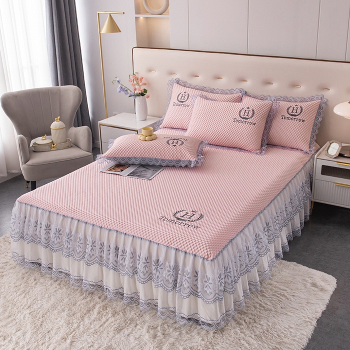 91家纺网 家纺一手货源 找家纺 优姿家纺 2025新款500克冰豆豆床裙凉席三件套 公主粉