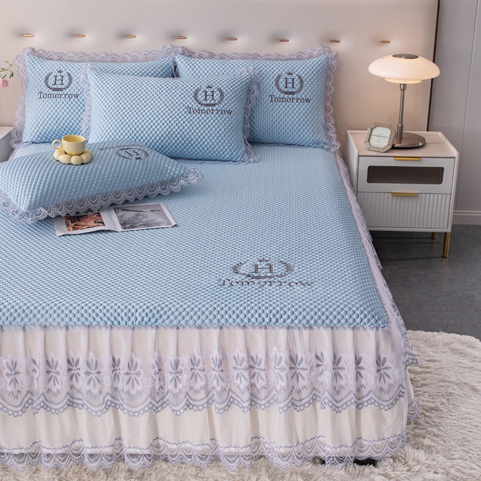 91家纺网 家纺一手货源 找家纺 优姿家纺 2025新款500克冰豆豆床裙凉席三件套 天空蓝